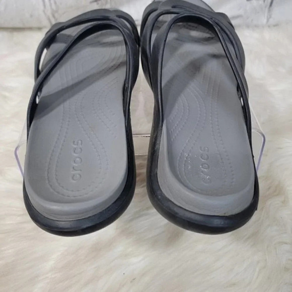 CROCS Womens size 10 Open Toe Slip On Low Wedge Strappy Slides Black Gray Casual - Picture 7 of 8